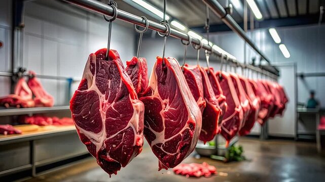 Rows of raw beef sides hanging in industrial meat processing plant illustrating large scale food production