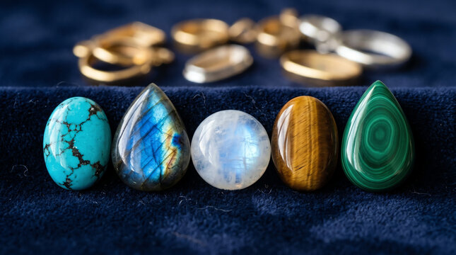 Polished gemstone cabochons in turquoise labradorite and moonstone on velvet