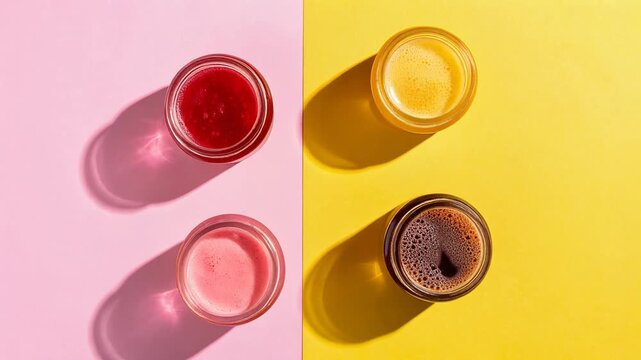 Minimal composition of colorful drinks in glass jars arranged on pastel background creating modern beverage flatlay