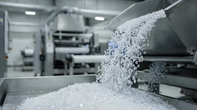 Medium shot capturing the flow of clear recycled plastic granules feeding into machinery emphasizing purity and recycling efficiency in manufacturing.