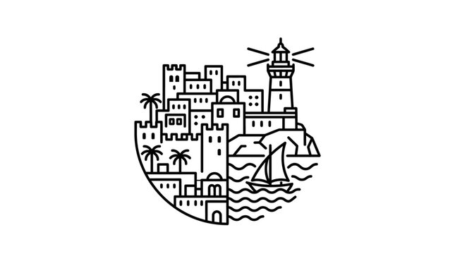 Coastal Town and Lighthouse Line Art