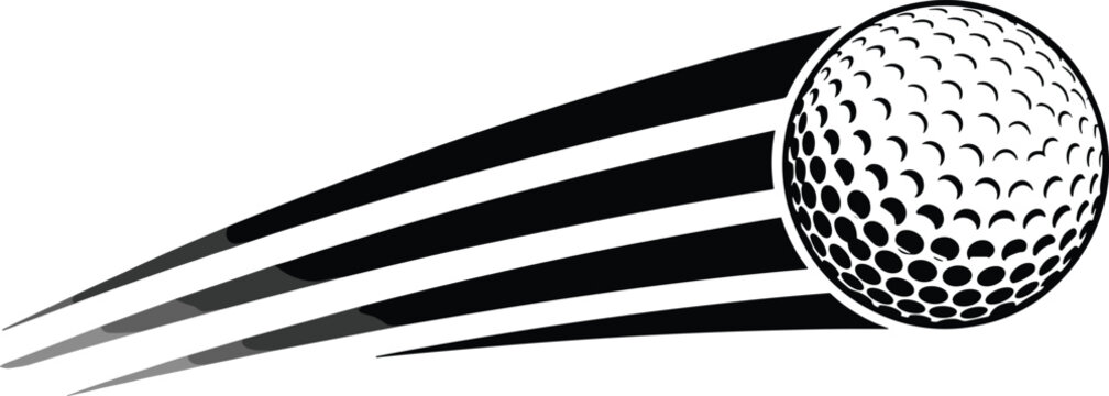 Black and white vector illustration of a golf ball flying through the air with dynamic motion speed lines isolated on a transparent white background