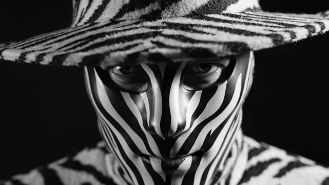 Person wearing a zebra print face mask and hat on black background