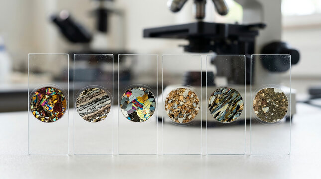 Petrographic thin section slides of rocks with colorful mineral interference patterns