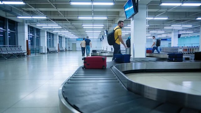 Suitcases appearing on carousel, travelers walking, man bending and lifting luggage to exit airport