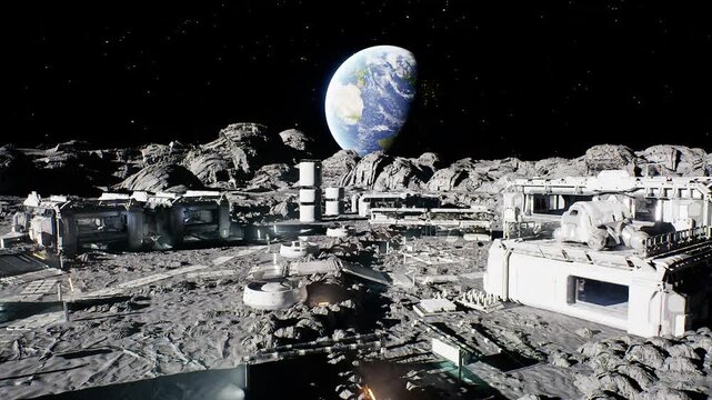 moon base construction and assembly under earthrise, scaffolding and modules aligning on regolith, heavy equipment and cranes, determined industrial atmosphere