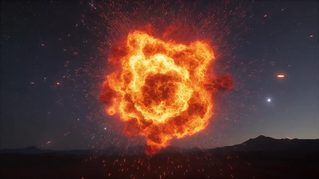 A massive explosion occurs at night in a desert landscape with mountains in the background and stars shining bright
