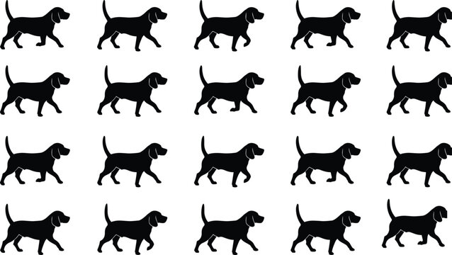 Black Beagle Dog Walking Animation Sprite Sheet Silhouette Collection with Sequential Gait Frames for Motion Graphics 2D Game Development and Animal Pet Vector Design