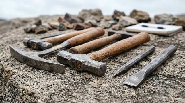 Geological rock hammers and cold chisels on rough granite surface