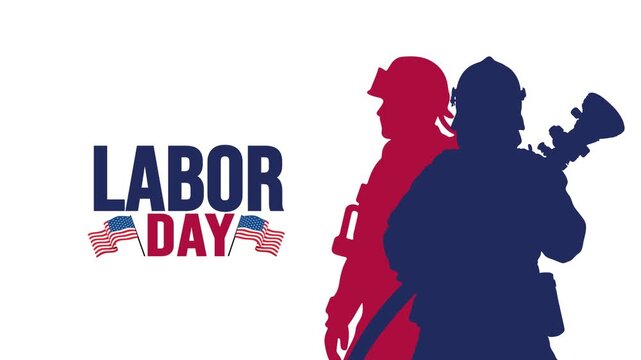 Labor Day firefighters silhouette animation with American flags white background
