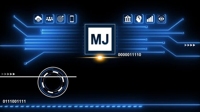 Futuristic Technology Background with M J Neon Blue Lines and Binary Code