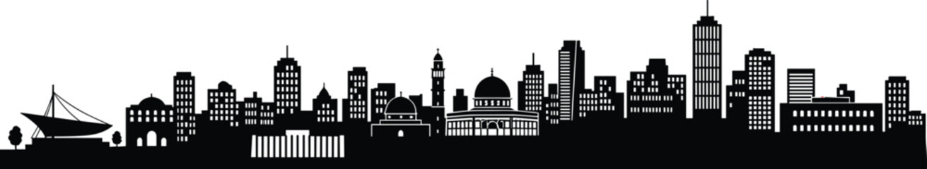 Obraz premium Black silhouette of a modern city skyline featuring historic domes and high-rise office buildings isolated on a white background for urban travel design
