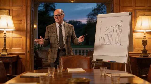 Vertical video: Meeting starting senior man in tweed pointing at flipchart showing gain at table