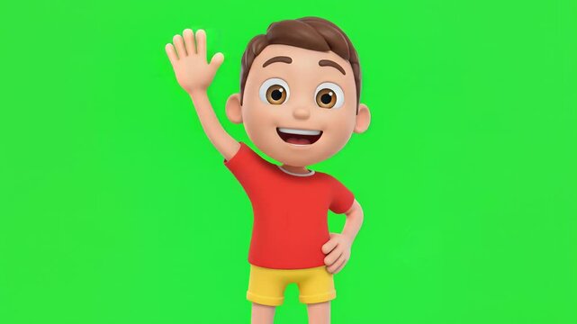 Vibrant 3D animated character, cute cartoon boy in red t-shirt and yellow shorts waving hello, smiling enthusiastically on a bright green screen