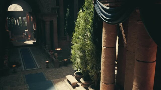 Regal ceremonial hall with rich drapery and banners between towering columns, warm brazier light and patterned rugs, luminous entry arch framing distant