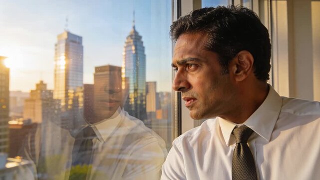 Gazing out highrise office window, man adjusting tie, white shirt, feeling worried, copy space