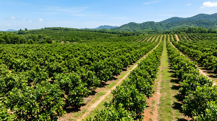 Obraz premium Aerial view of lush cashew tree orchard rows with distant mountains under a clear blue sky