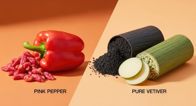 A split-screen image of pink pepper and pure vetiver ingredients for culinary or fragrance use