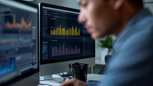 Male data analyst moving mouse, analyzing data at desk with animated bars guiding decisions