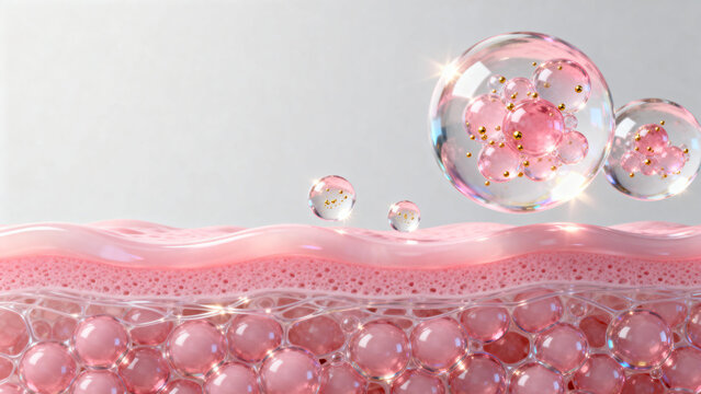 Skin cells with pink bubbles