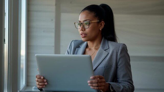 Holding silver tablet in office woman in gray blazer glancing out, tapping screen reading docs