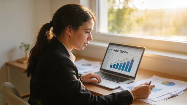 Vertical video: Seeing rising sales chart on laptop, analyst comparing paper charts confirming data