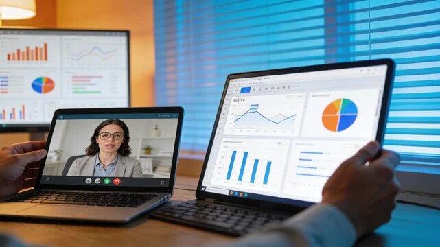Showing two laptops at desk, woman in gray blazer speaking on call and hands pointing charts