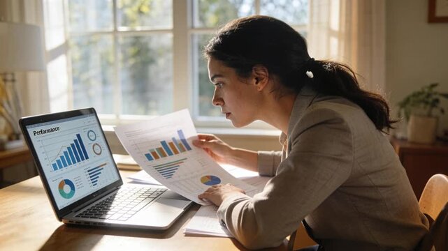 Reacting to printed report, woman in light blazer comparing charts with laptop dashboard at home