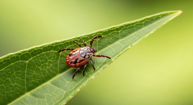 Tiny tick rests on a vibrant green leaf. Close-up reveals detailed body and legs. Natural lighting highlights leaf veins and texture. Perfect for health, nature, or wildlife projects