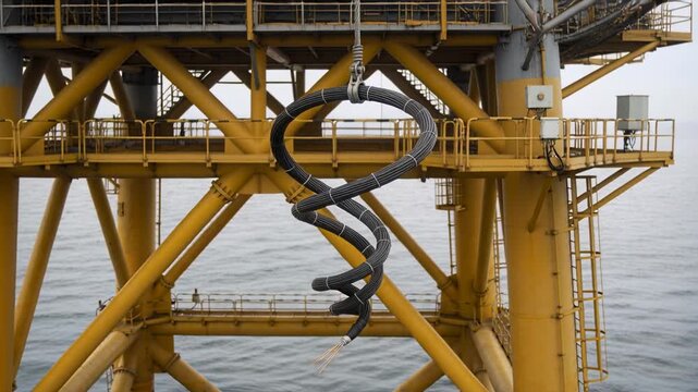 Crane hook lowering causing heavy cable spiraling stripped end swinging workers watching offshore