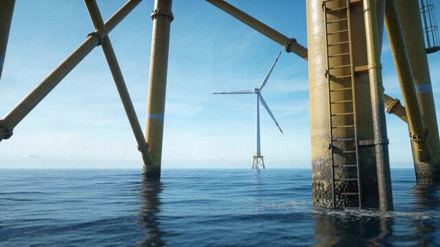 Panning yellow jacket legs at sea showing diagonal bracing, barnacle band and ladder, wind turbine