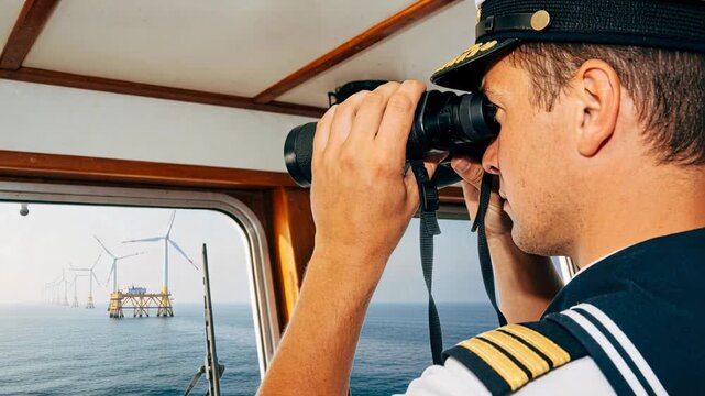 Scanning uniformed officer using binoculars on bridge as navigating ship past windfarm, copy space