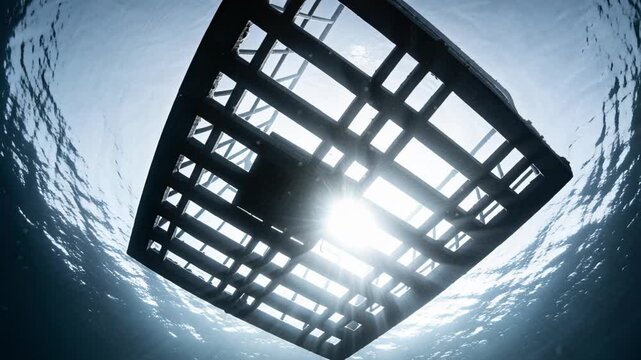 Square grate platform rotating and tilting from ripples, revealing sunflare through central gap