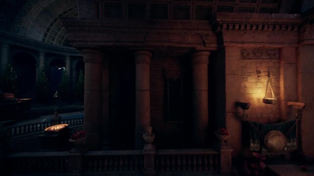 Silent hall illuminated by flickering torches, Ominous interior space with towering stone supports and subdued lighting creating mysterious atmosphere
