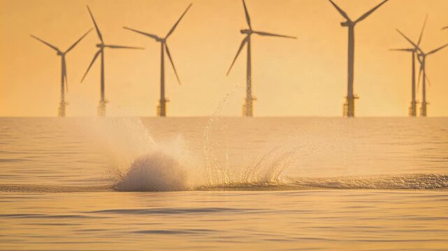 Breaching humpback whale launching rotating and reentering sea near turbines spraying water at dusk