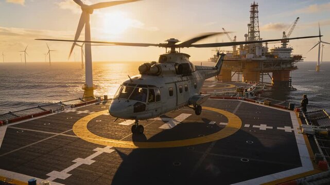 Vertical video: Deck crew in hi-vis gear signaling helicopter descending onto rig helipad to land