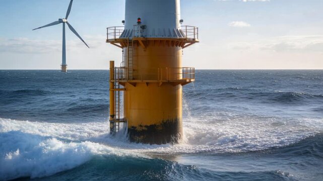 Vertical video: Yellow support meeting swell offshore wind, motion vectors showing spray and force