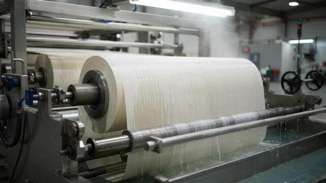 Medium shot of fabric rolls moving through a chemical line as softeners are evenly applied to enhance fabric smoothness and comfort in textile finishing.