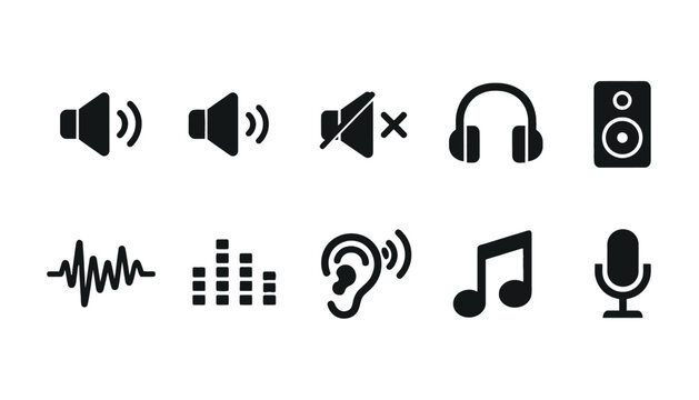 A set of black sound icons on a white background for music and audio