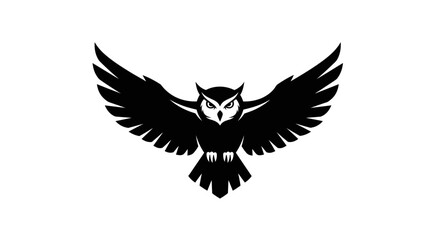 Obraz premium Black silhouette of an owl in flight with wings spread wide, isolated on white background
