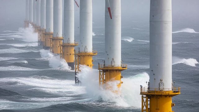 Showing diagonal row wind turbine towers withstanding breaking waves on open sea, with yellow bases