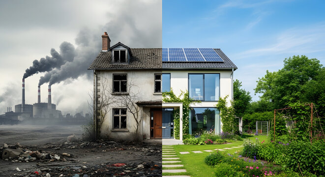 Before and After Sustainable House Transformation Split Screen