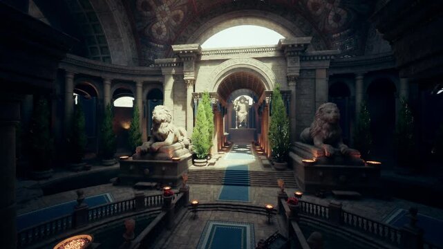 Sunlit marble foyer with lion statues and blue runner leading to arched garden entrance, ornate columns, balustrade details, mosaic floor, warm sunlight