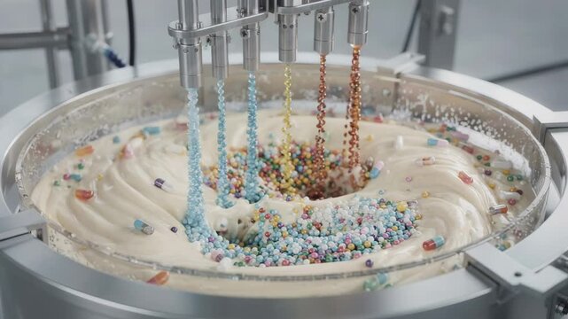 Medium shot of automated line injecting longlasting fragrance microcapsules into detergent slurry highlighting precise dosages and smooth integration process. Medium shot focusing