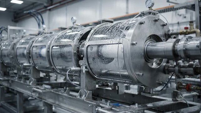 Medium shot of a multistation vacuum calibration tank setup adjusting pipe outer diameter with precise control in an industrial manufacturing environment.