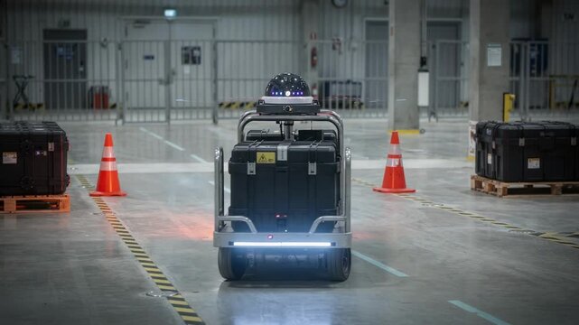Medium shot capturing a lidarguided robot cart as it maneuvers explosive containers between secured zones highlighting advanced obstacle detection and route precision.