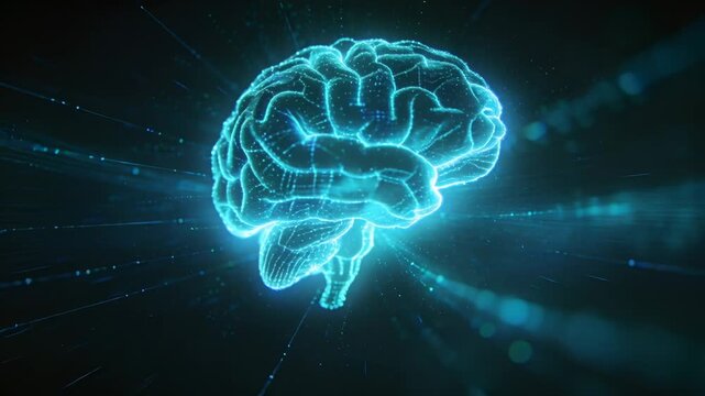 Rotating neon-cyan brain brightening as left particles starting motion in space field, showing data