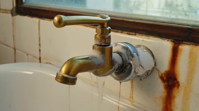 Dripping Faucet with Rust and Mineral Deposits - Close-Up of Water Damage and Decay.