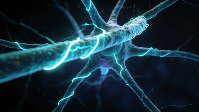 Neuron axon propagating turquoise spike from node toward soma, illuminating dendrites for neuro