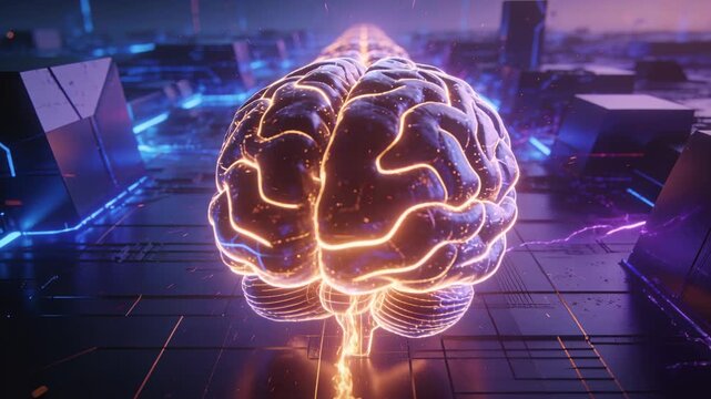 Stylized brain pulsing central spine, sending flashes and activating neon circuits for AI data flow